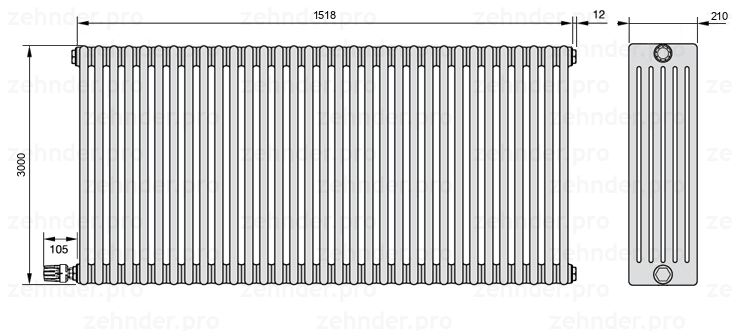 Схема (чертеж) Радиатор Zehnder Charleston 6300/33 №V003 Белый глянцевый RAL 9016